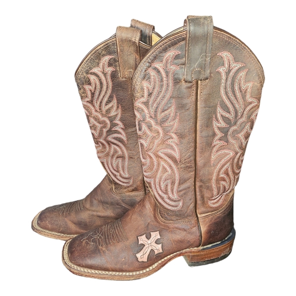 Tony Lama Women's San Saba Pink Cross Inlay Cowgirl Boots Size 6